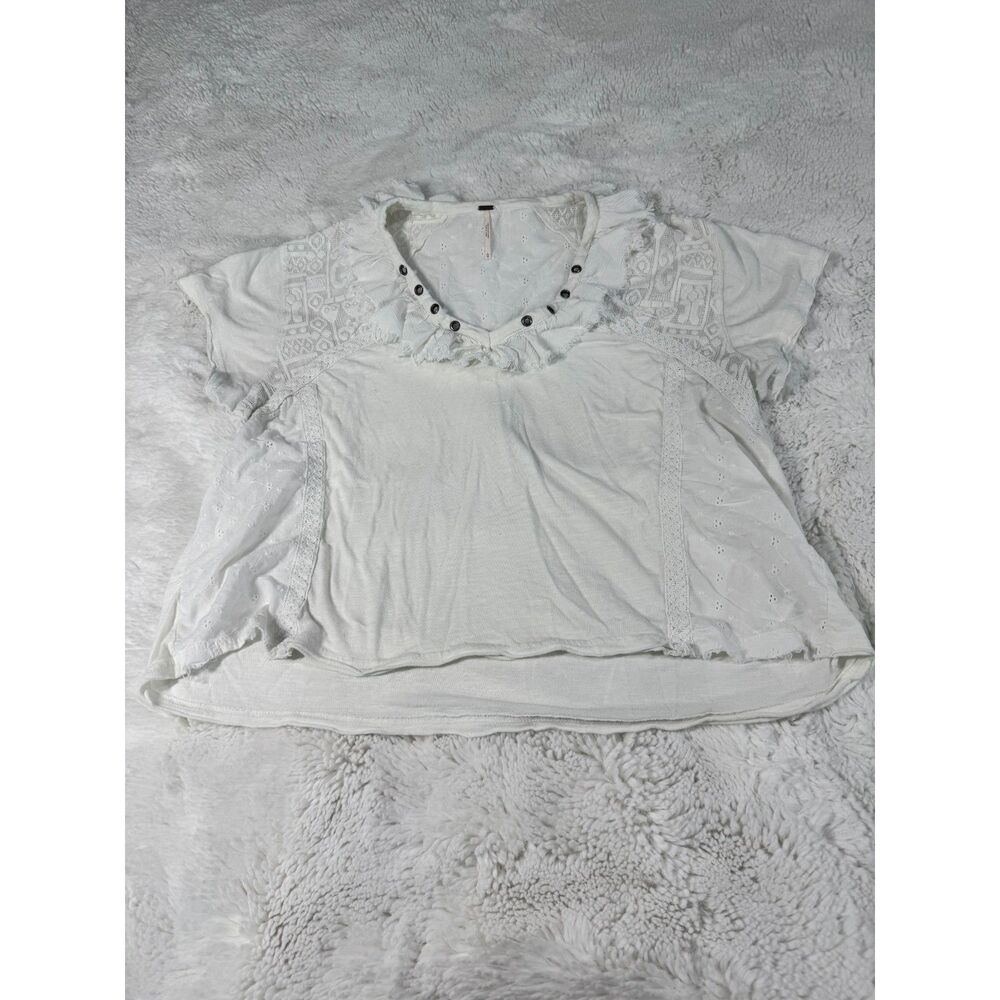 Free People Boho White Embroidered Top | Size L | Crochet Lace